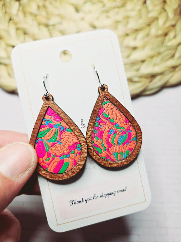 Retro Orange and Pink Swirl Wood Inlay Teardrop Earrings