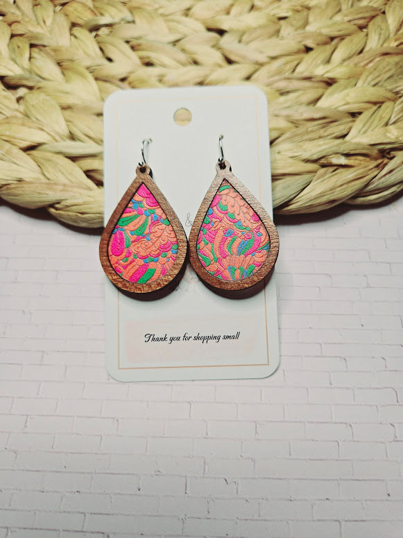 Retro Orange and Pink Swirl Wood Inlay Teardrop Earrings