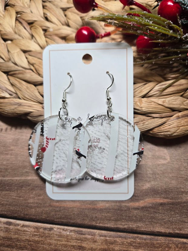 Christmas Birds in Snow Tree Earrings