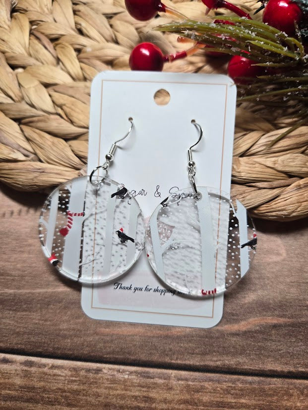 Christmas Birds in Snow Tree Earrings