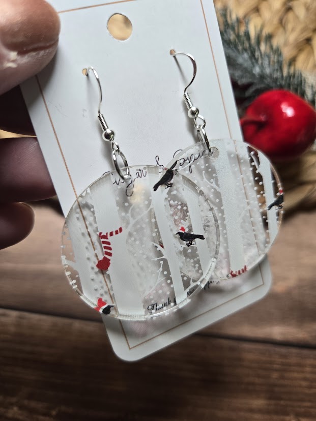 Christmas Birds in Snow Tree Earrings