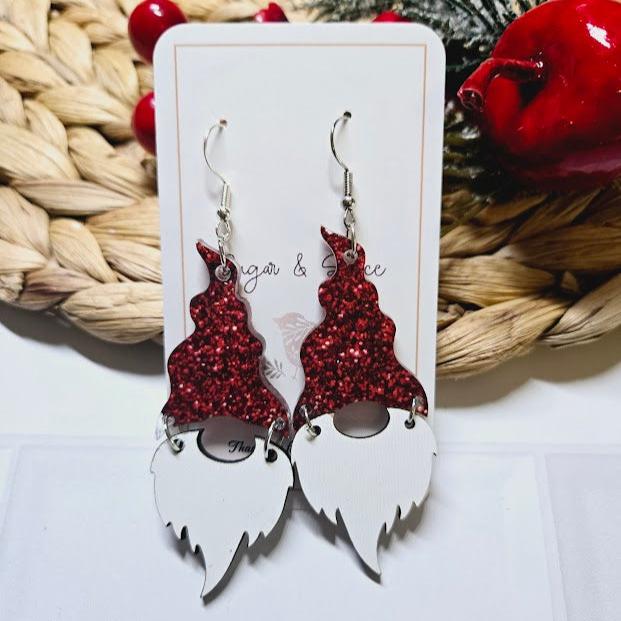 Santa Gnome Red Glitter Christmas Earrings