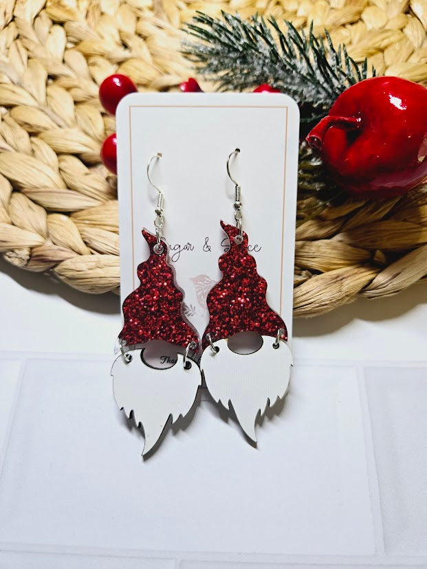 Santa Gnome Red Glitter Christmas Earrings