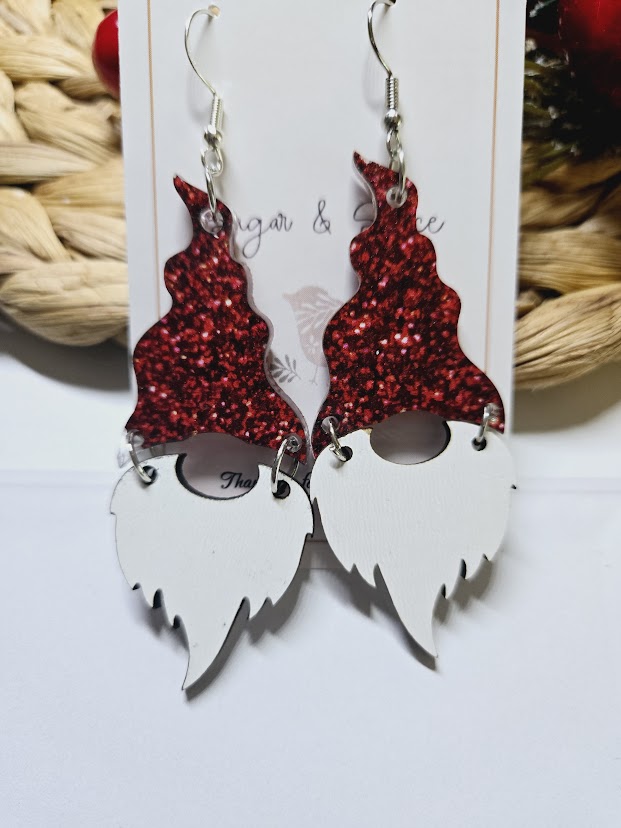 Santa Gnome Red Glitter Christmas Earrings