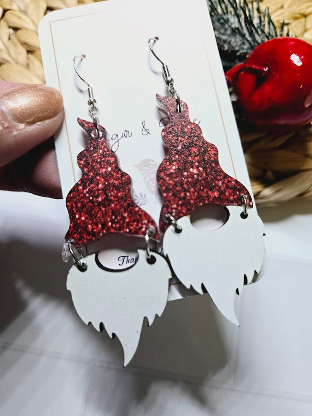 Santa Gnome Red Glitter Christmas Earrings