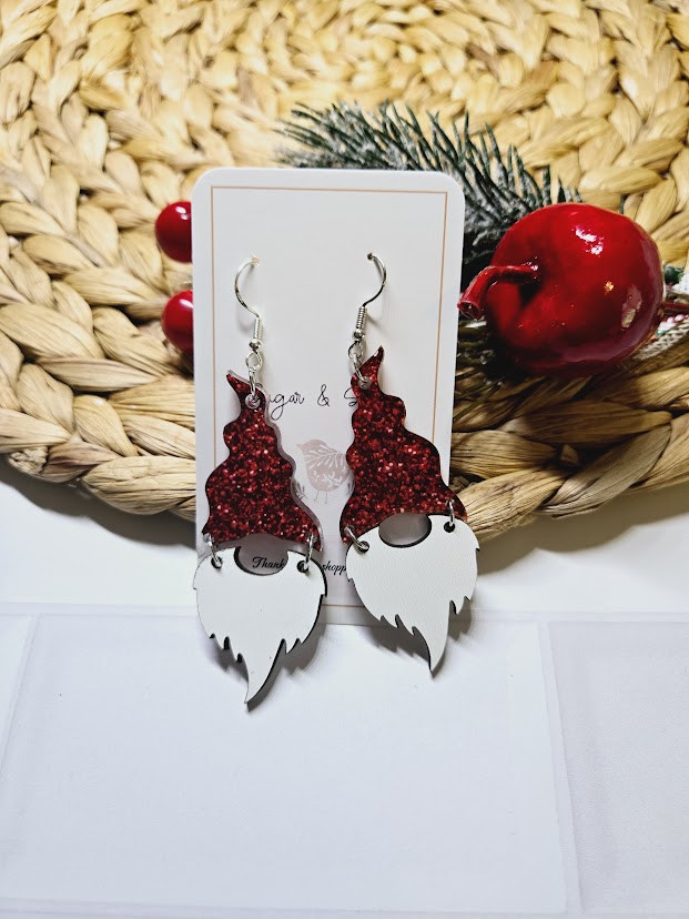 Santa Gnome Red Glitter Christmas Earrings