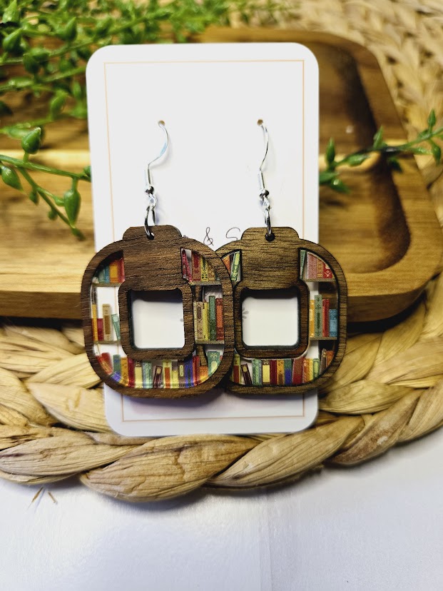 Book Lover Square Wood Inlay Earrings