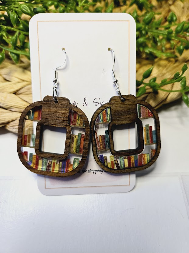 Book Lover Square Wood Inlay Earrings