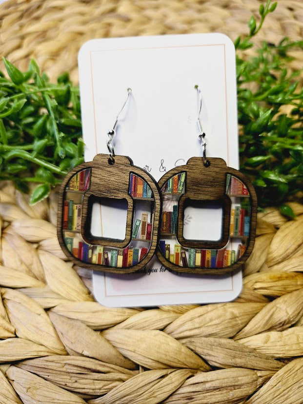 Book Lover Square Wood Inlay Earrings