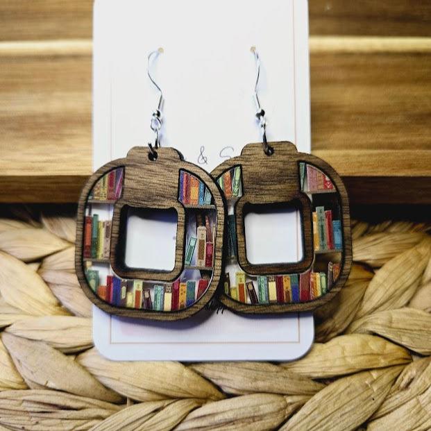 Book Lover Square Wood Inlay Earrings