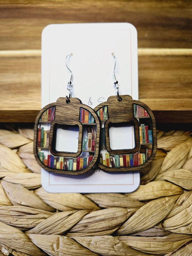 Book Lover Square Wood Inlay Earrings