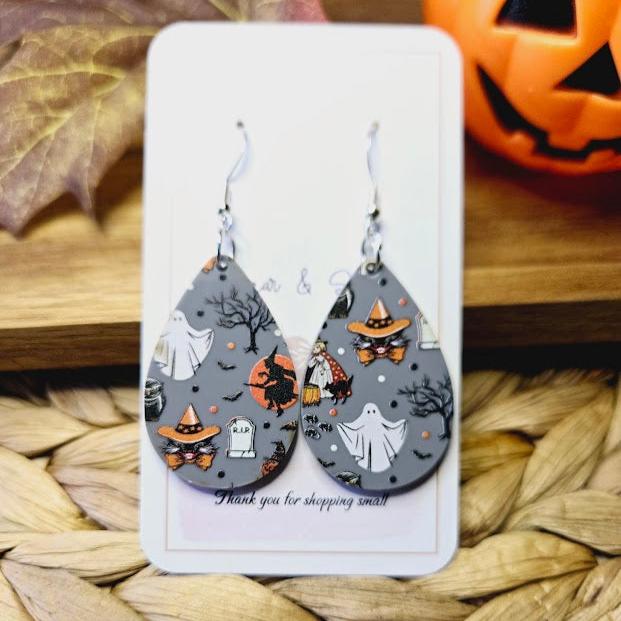 Halloween Ghosts and Witches Teardrop Earrings