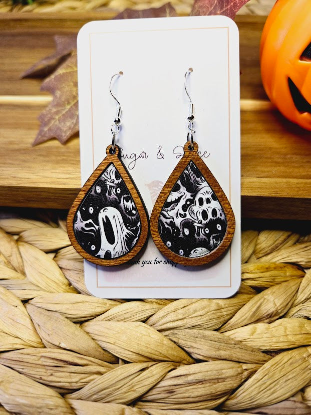 Halloween Ghouls Wood Inlay Teardrop Earrings