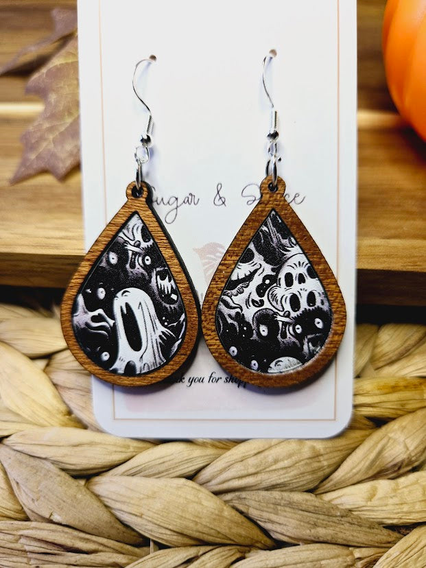 Halloween Ghouls Wood Inlay Teardrop Earrings