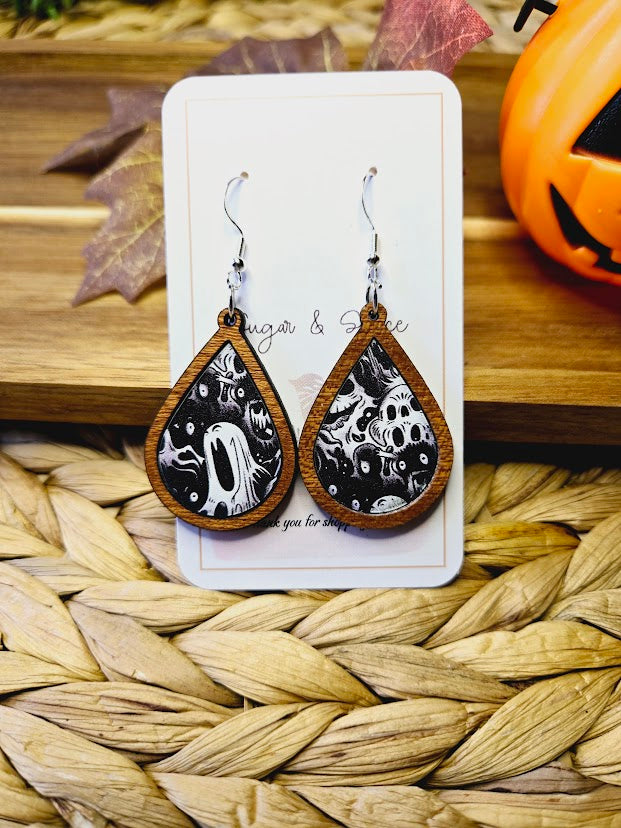 Halloween Ghouls Wood Inlay Teardrop Earrings