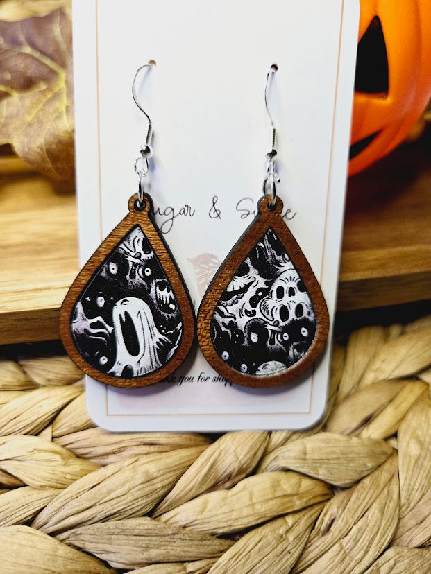 Halloween Ghouls Wood Inlay Teardrop Earrings