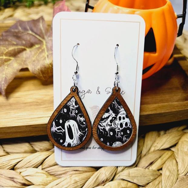 Halloween Ghouls Wood Inlay Teardrop Earrings