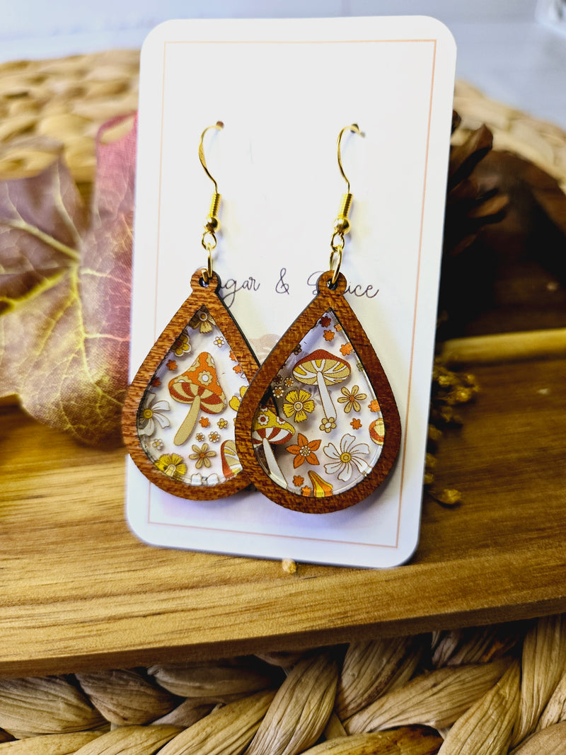 Fall Wild Mushroom Wood Inlay Teardrop Earrings