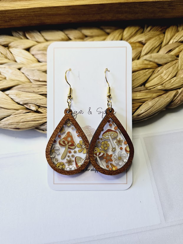 Fall Wild Mushroom Wood Inlay Teardrop Earrings