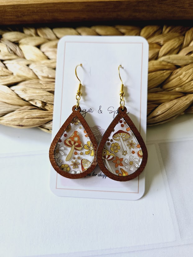 Fall Wild Mushroom Wood Inlay Teardrop Earrings