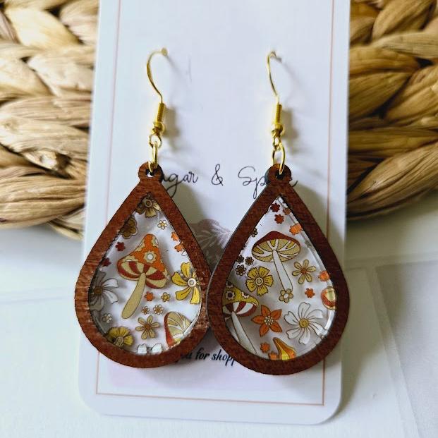 Fall Wild Mushroom Wood Inlay Teardrop Earrings