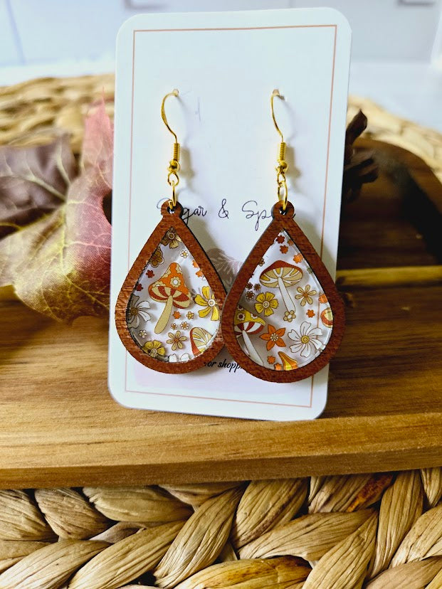 Fall Wild Mushroom Wood Inlay Teardrop Earrings