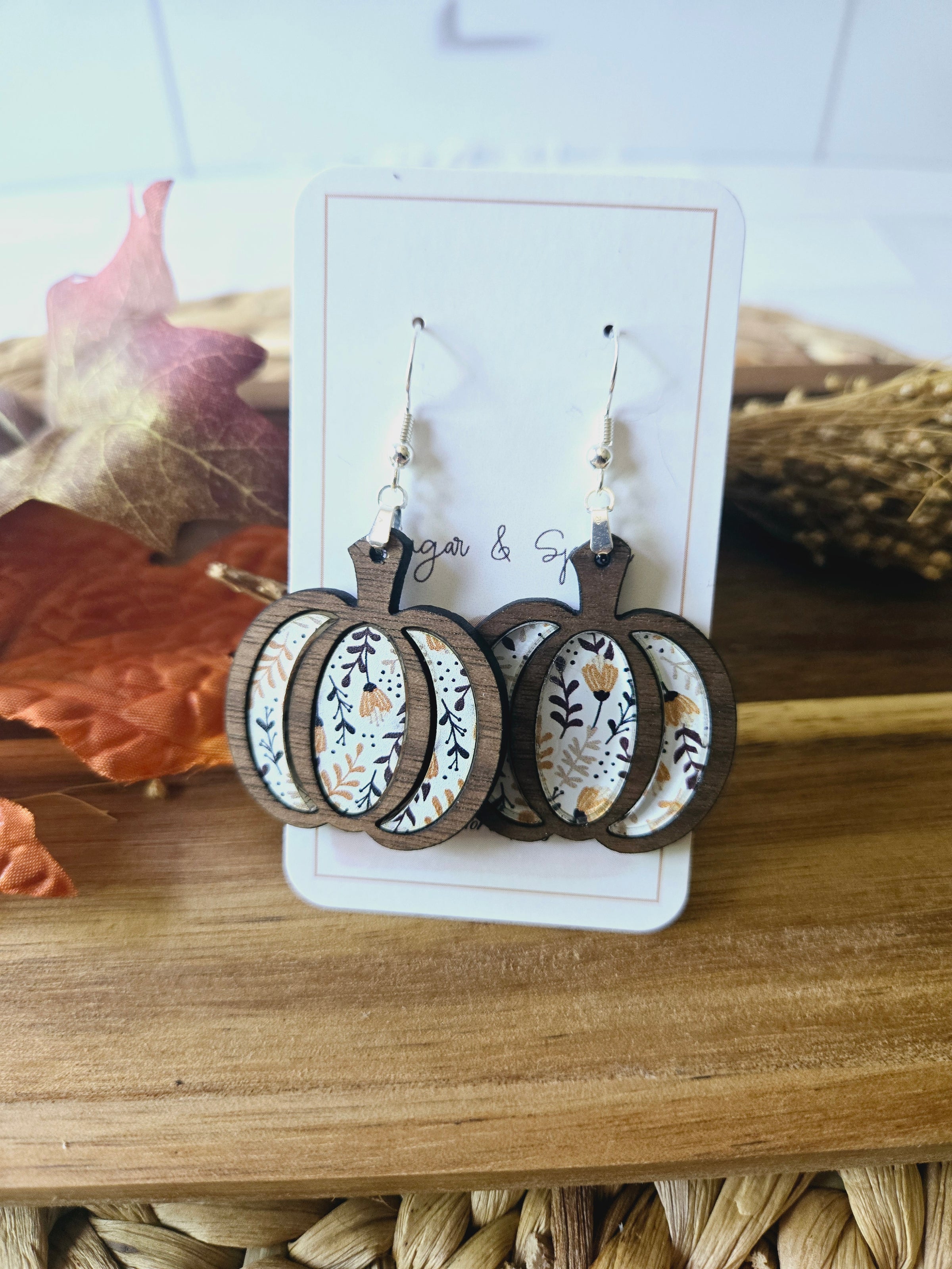 Floral fall pumpkin wood inlay Earrings