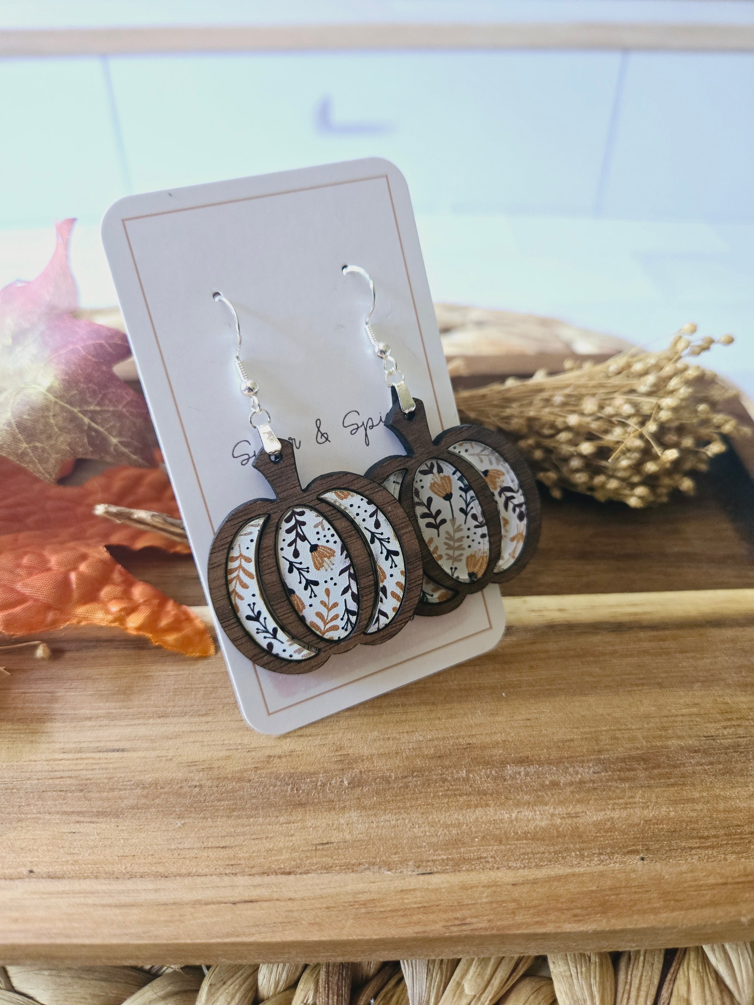 Floral fall pumpkin wood inlay Earrings