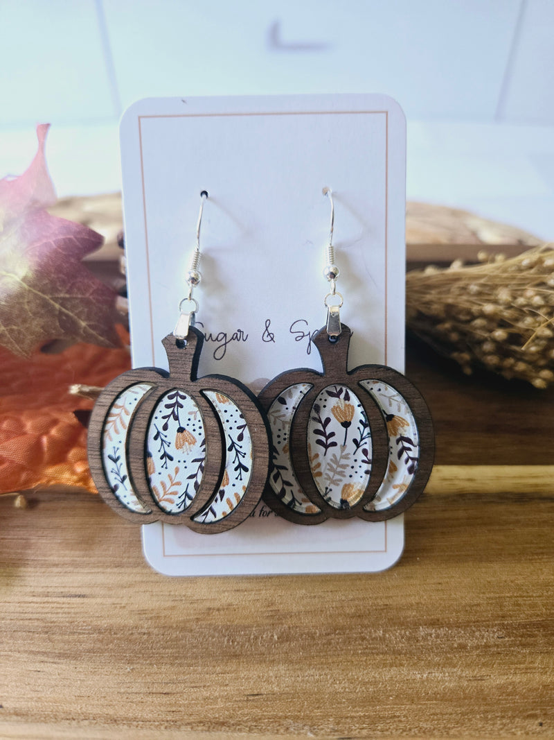 Floral fall pumpkin wood inlay Earrings