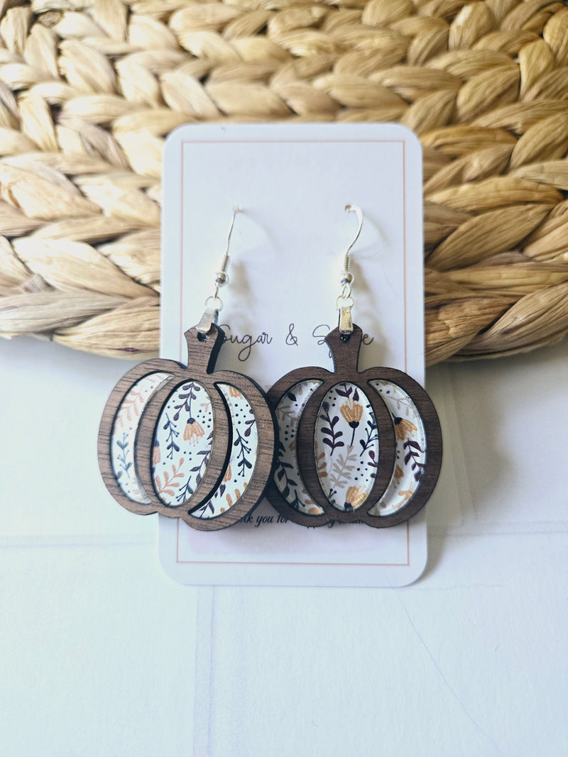 Floral fall pumpkin wood inlay Earrings