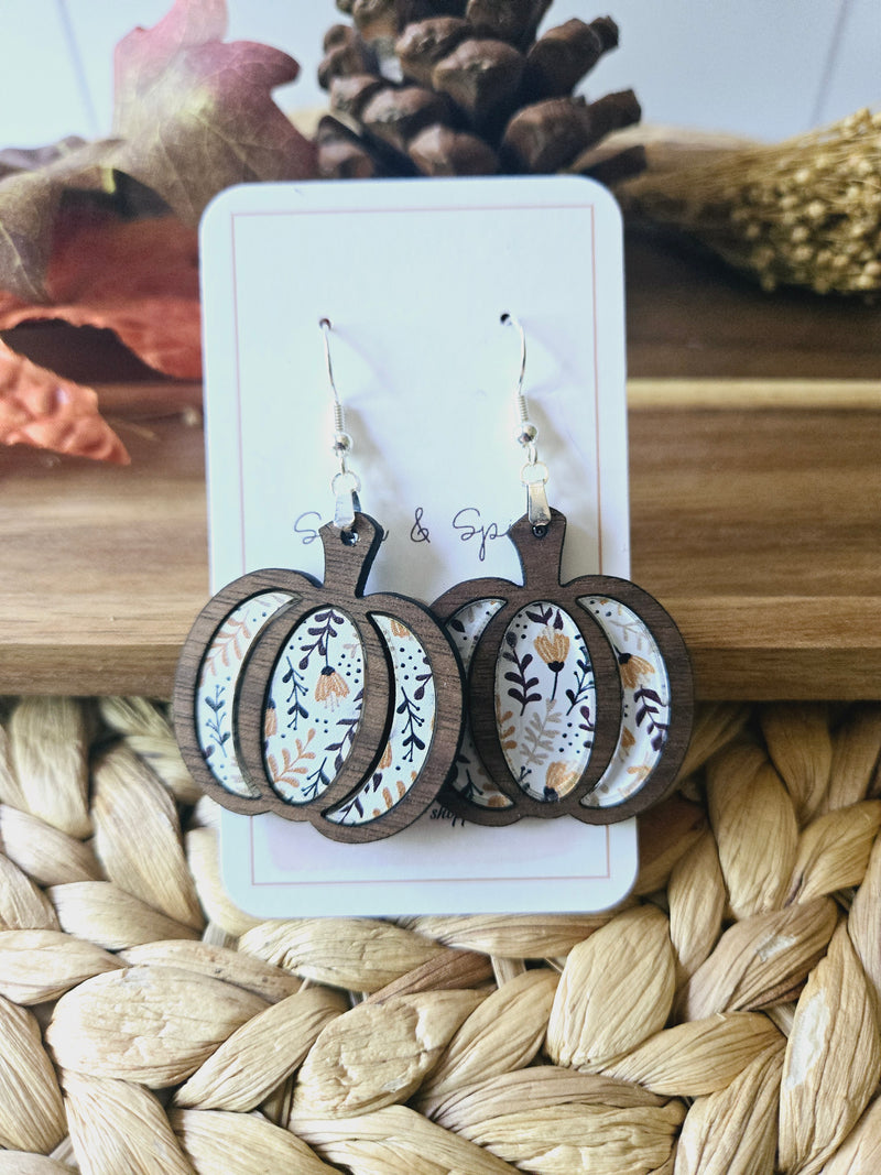 Floral fall pumpkin wood inlay Earrings