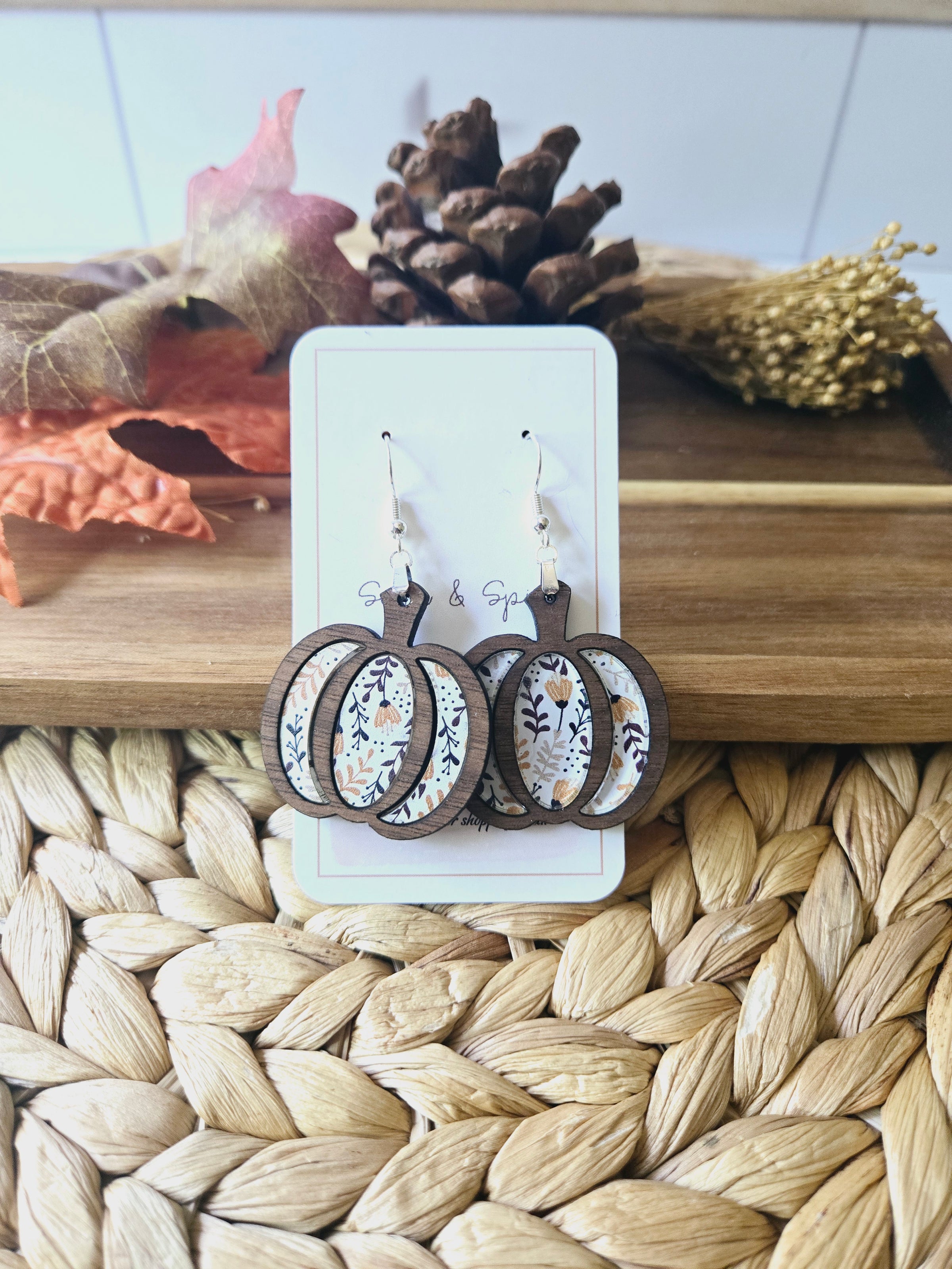 Floral fall pumpkin wood inlay Earrings