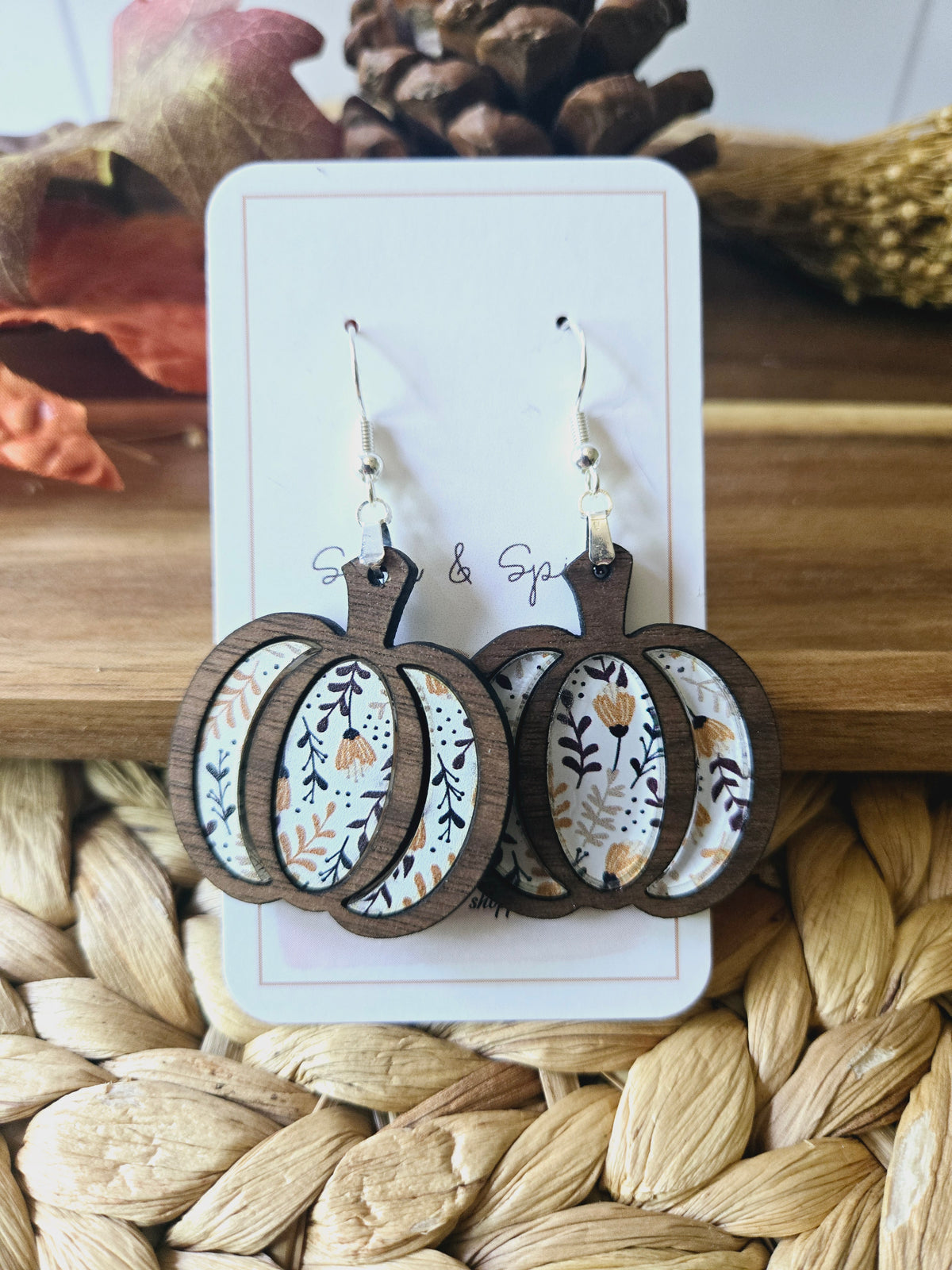 Floral fall pumpkin wood inlay Earrings