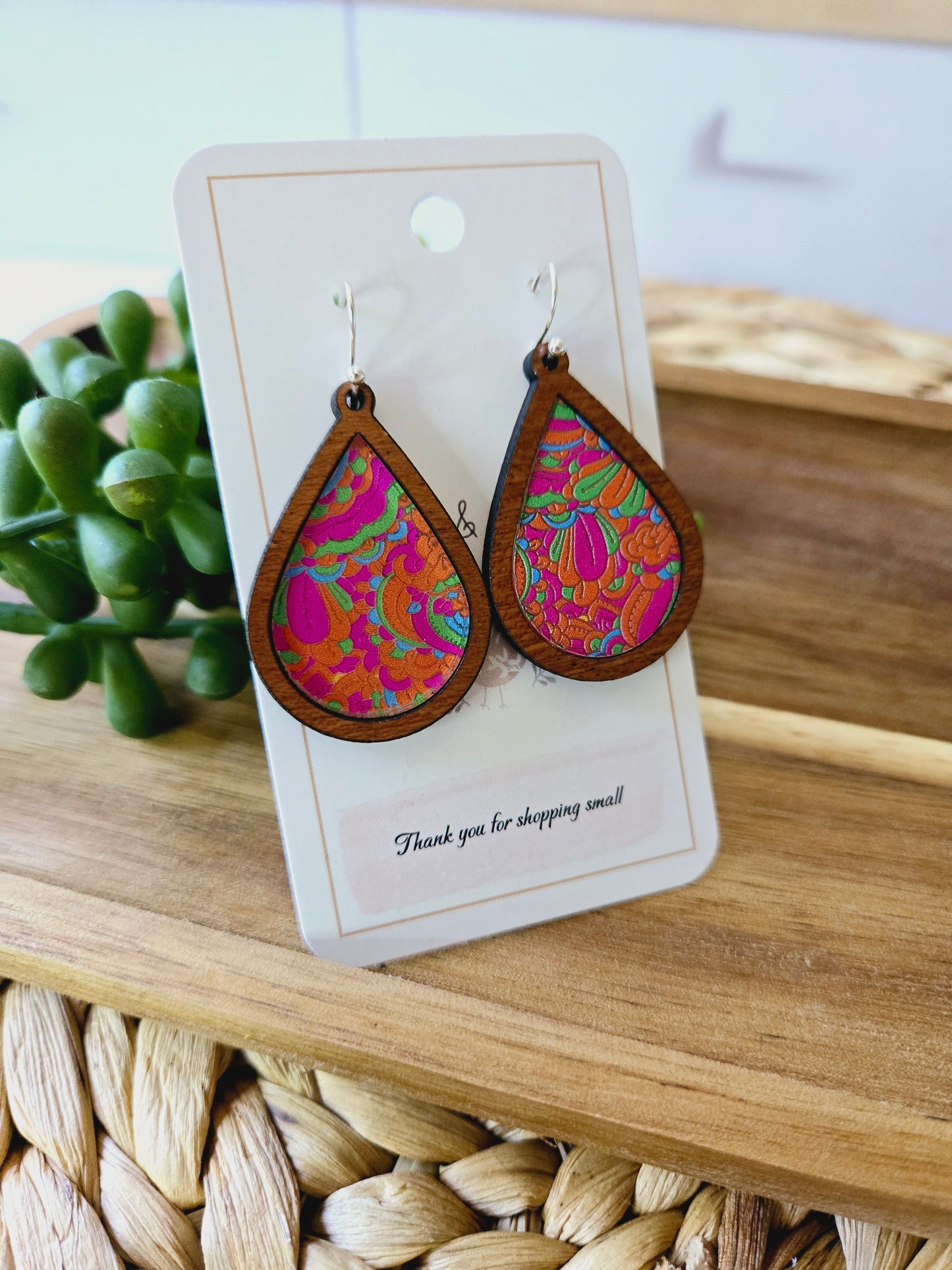 Retro Orange and Pink Swirl Wood Inlay Teardrop Earrings