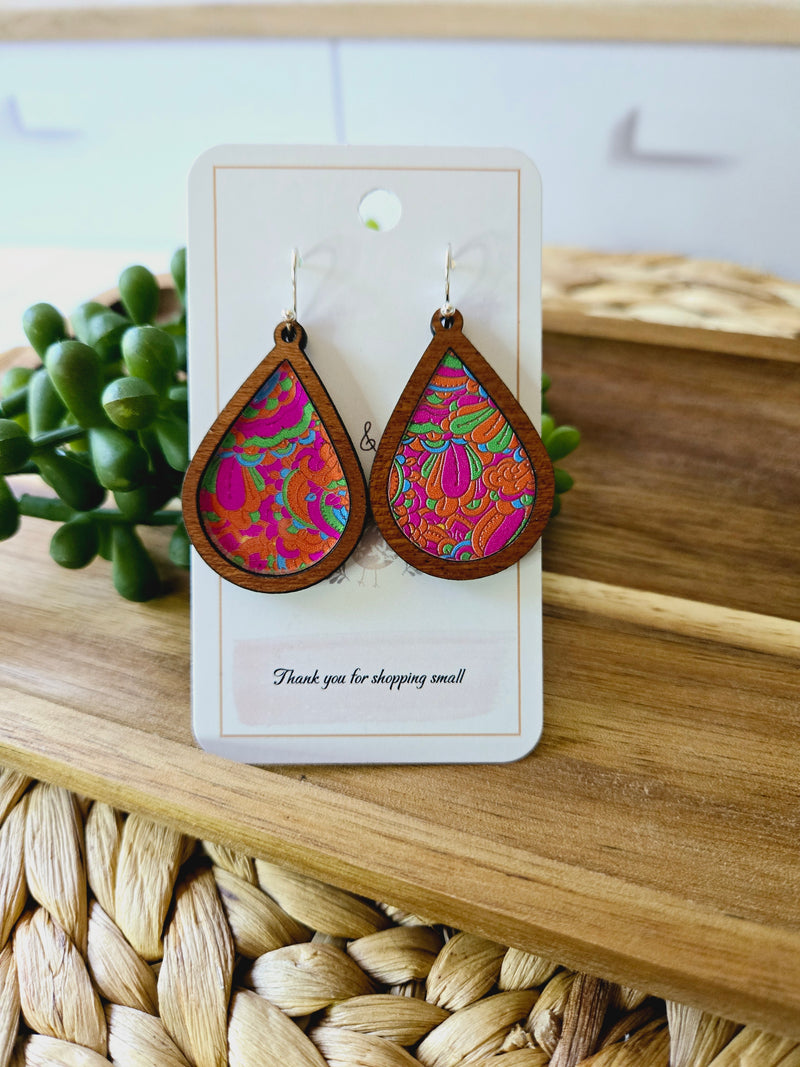 Retro Orange and Pink Swirl Wood Inlay Teardrop Earrings