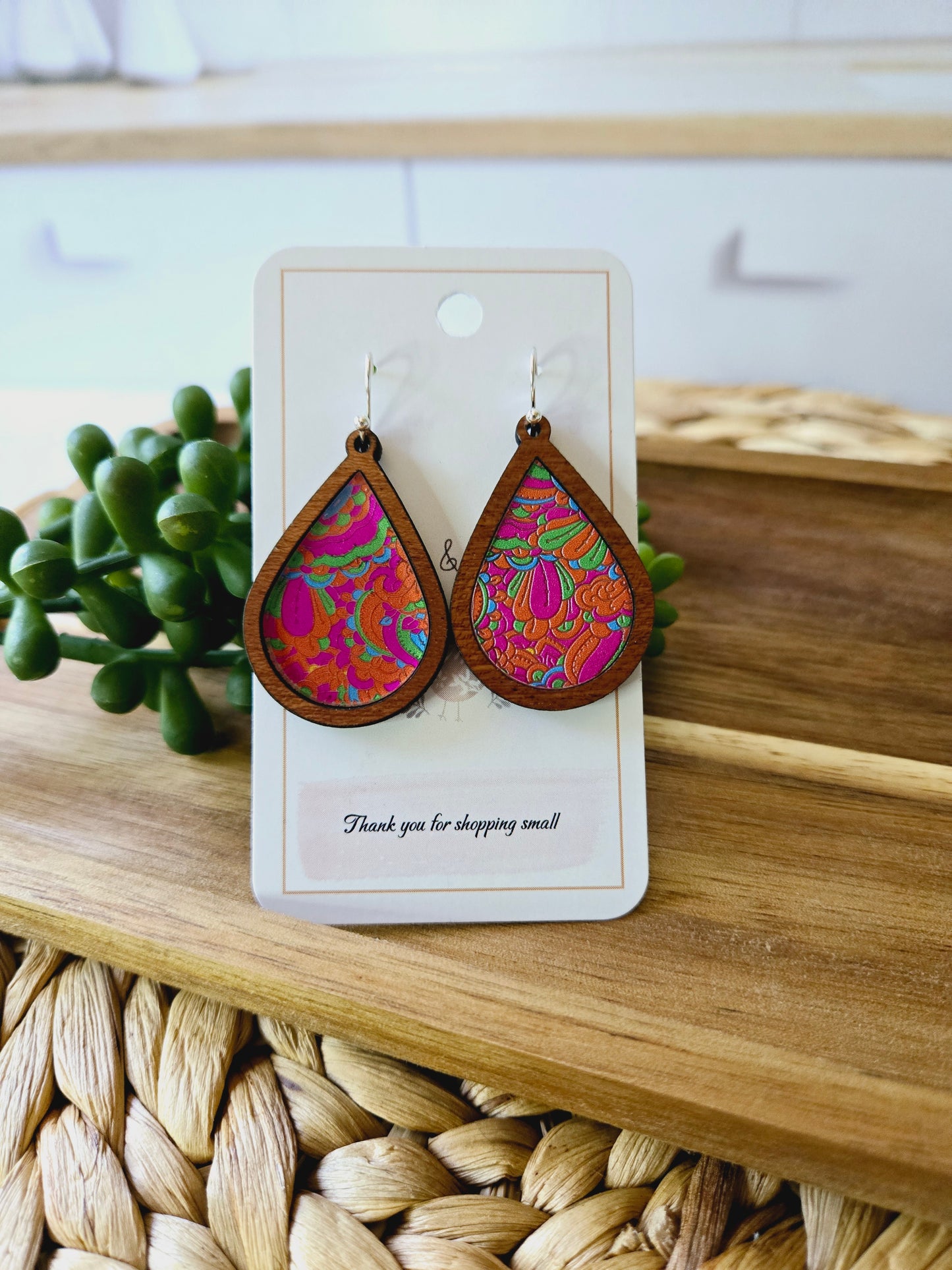 Retro Orange and Pink Swirl Wood Inlay Teardrop Earrings