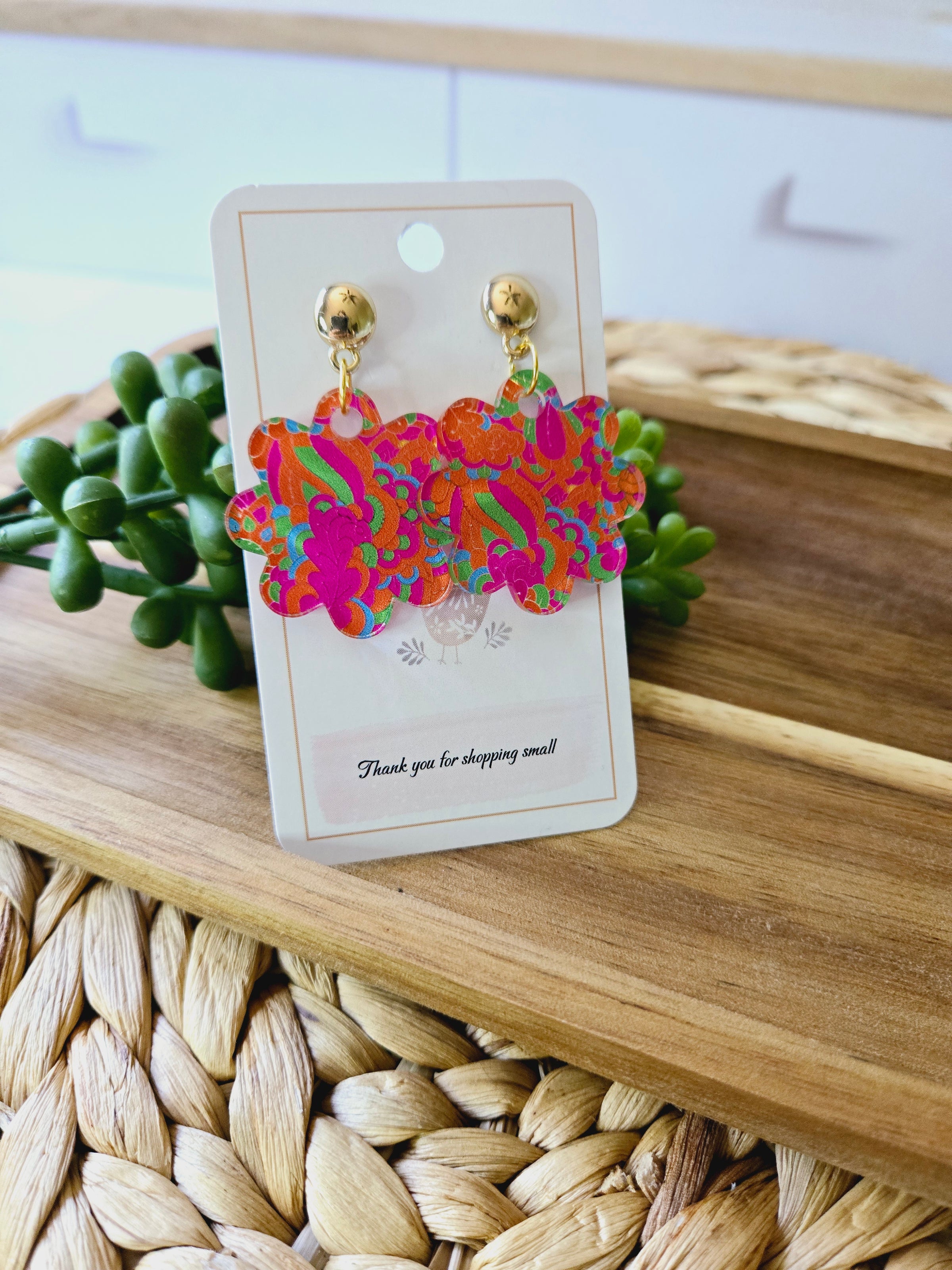 Pink and Orange Retro 1970 Flower Acrylic Earrings