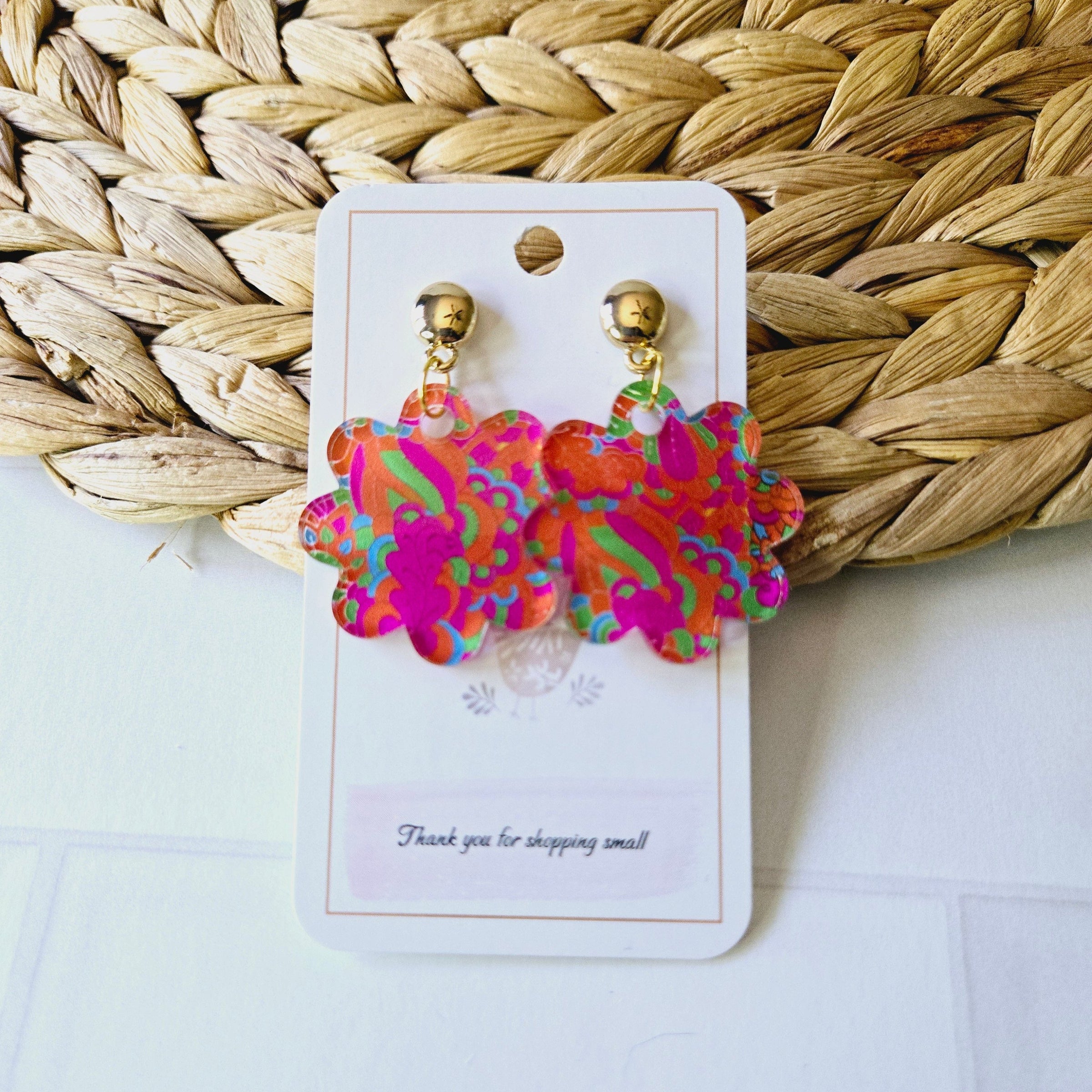 Pink and Orange Retro 1970 Flower Acrylic Earrings