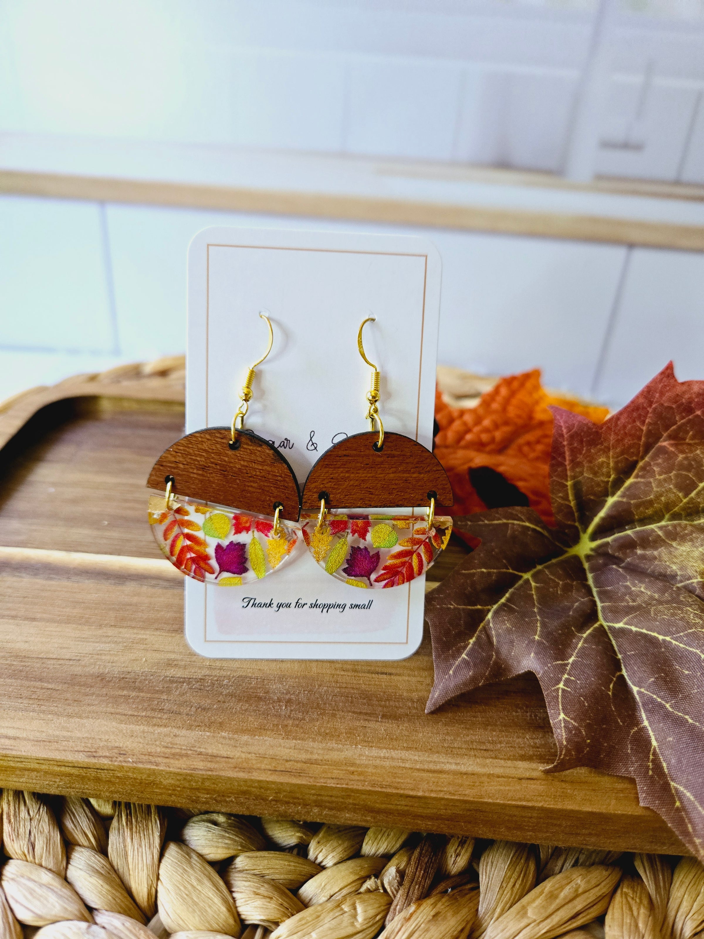 Fall Leaves & Wood Earrings