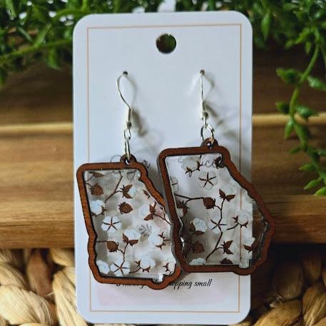 Georgia State Cotton Inlay Wood Earrings