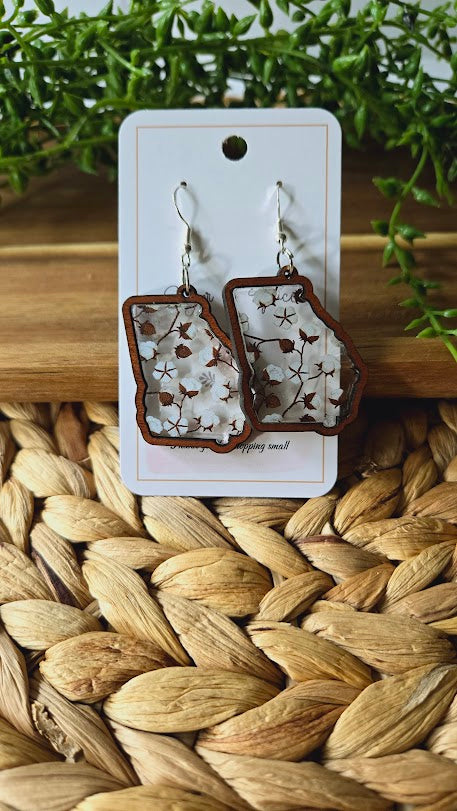 Georgia State Cotton Inlay Wood Earrings