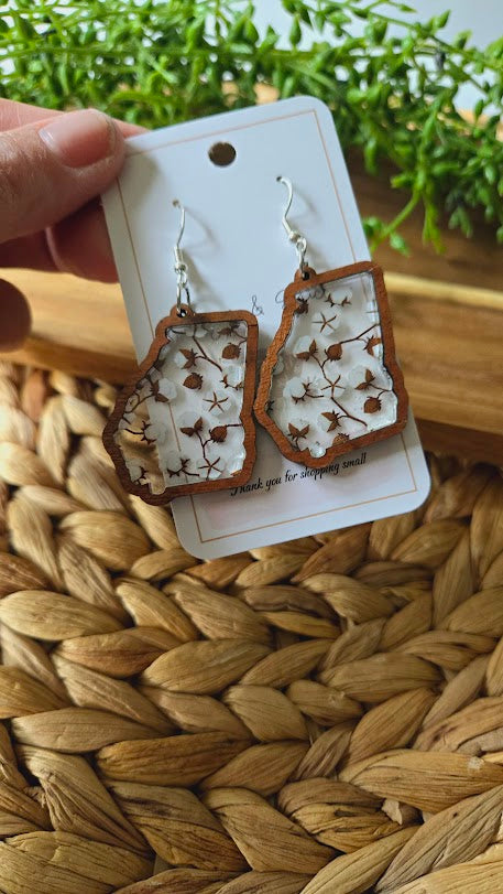 Georgia State Cotton Inlay Wood Earrings