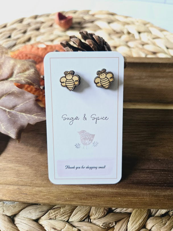 Bee Wood Stud Earrings