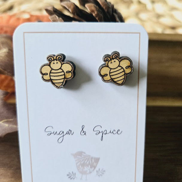 Bee Wood Stud Earrings