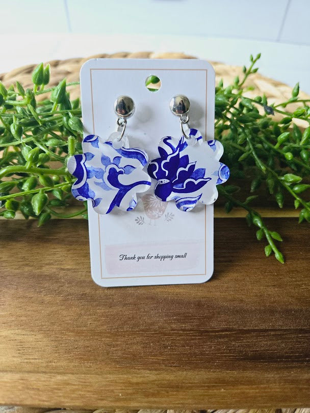 China Blue Flower Acrylic Silver Earrings