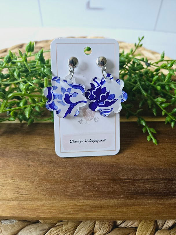 China Blue Flower Acrylic Silver Earrings