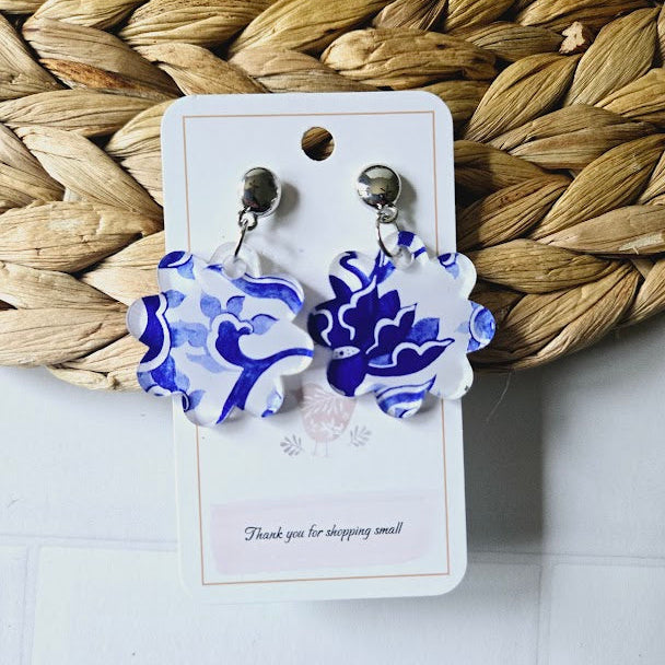 China Blue Flower Acrylic Silver Earrings