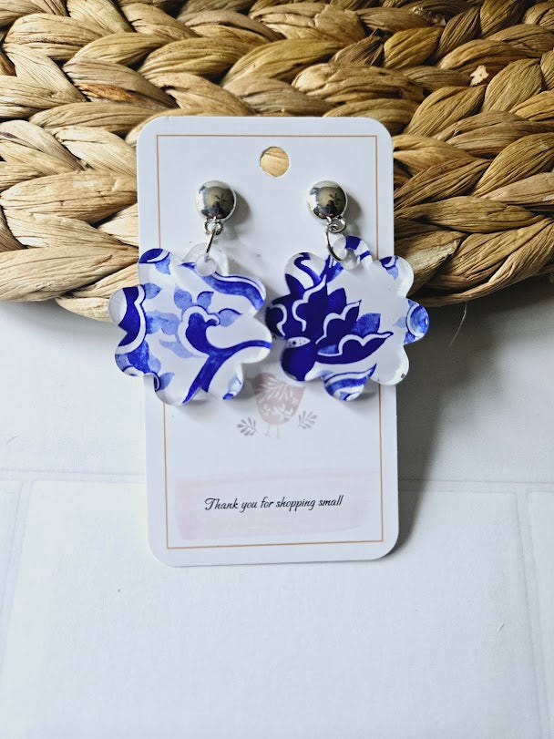 China Blue Flower Acrylic Silver Earrings