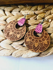 Bohemian Pink Wood Engraved Leather Earrings