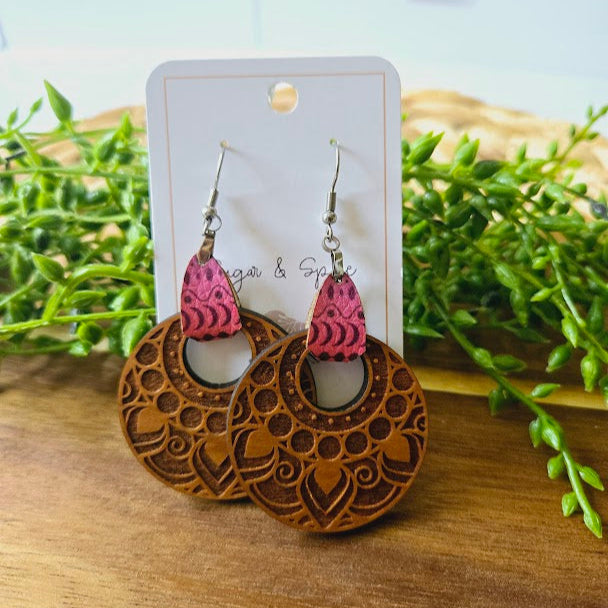 Bohemian Pink Wood Engraved Leather Earrings